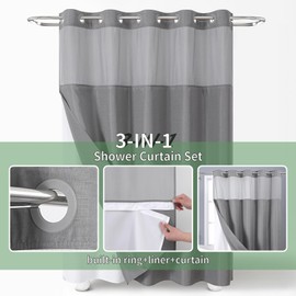 eachope Extra Long No Hook Shower Curtain with Snap-in Fabric Liner Set,Slub Textured Fabric Shower Curtains for Bathroom,Hotel Style Modern Shower Curtain,Water Repellent & Washable,71x86(84),Grey