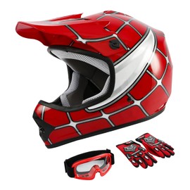 TCMT Dot Youth & Kids Motocross Offroad Street Helmet Red Spider Motorcycle Youth Helmet Dirt Bike Motocross ATV Helmet+Goggles+Gloves S