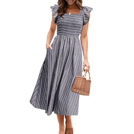 Miessial Womens Summer Linen Midi Dress Elegant Square Neck Smocked Dress Boho Beach Wedding Guest Dresses with Pockets Grey,XL