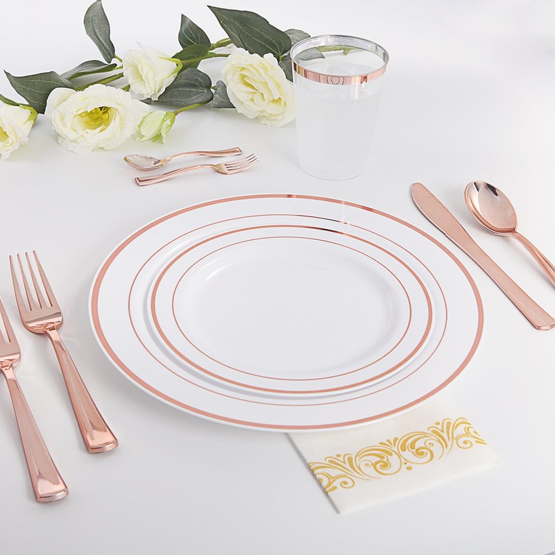 WDF 300 Pieces Rose Gold Plastic Silverware- Disposable Flatware Set