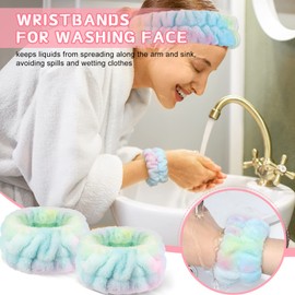 Chuangdi Pack of 3 Spa Face Headband Wrist Wash Bands Set Soft Makeup Hair Band Elastic Wrist Sweatband Fluffy Cosmetic Headband for Women Girls (Colourful, Tie Dye)