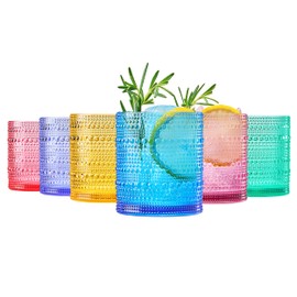 Classic Reusable Plastic Drinking Glasses, Hobnail Design, Shatterproof | 6 Set | Bright Tritan Lowball, Acrylic Unbreakable Beaded Cups, Dishwasher Safe 10oz, Kitchen Cups, BPA-free, Indoor, Outdoor