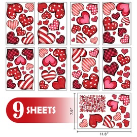 Mfault 133 PCS Valentine's Day Window Clings 9 Sheets, Red Pink Love Hearts Plaid Stripes Polka Dots Valentine Wall Sticker Decal Decoration, Anniversary Wedding Holiday Living Room Home Kitchen Decor
