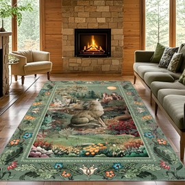 TUKDAK Animal Area Rug 6x9 for Living Room Machine Washable, Wolf Floral Bedroom Rug with Non Slip Rubber Backing, Low Pile Farmhouse Forest Large Carpet for Kids Playroom Dining Room Nursery (Green)