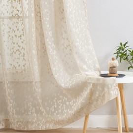 Treatmentex Beige Semi-Transparent Lace Curtain, Modern Embroidery Curtains with Eyelets, Crochet Knitting Curtain with Leaf Pattern for Living Room, Farmhouse, Bedroom, 2 Pieces, W 140 x H 180 cm