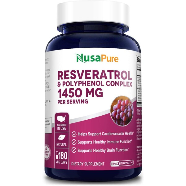 Resveratrol & Polyphenol Complex 1450 mg 180 Vegetarian Caps (Non-GMO & Gluten Free) + Vitamin C - Supports Cardiovascular Health and Healthy Immune Function*