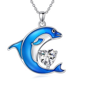 LONAGO Dolphin Necklace 925 Sterling Silver Blue Dolphin with Birthstone Pendant Necklace for Women, Sterling Silver, Cubic Zirconia