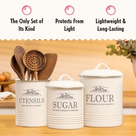 noonberry Canisters for Kitchen Counter, Set of 3 - Airtight Sugar and Flour Containers & Kitchen Utensil Holder, Rustic Farmhouse Canister Set for Kitchen Countertop