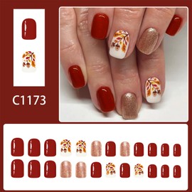 24 Fall Press on Nail Square Short Maple Leaf French Tip Fake Nails Ons Thanksgiving Day Autumn (1173)