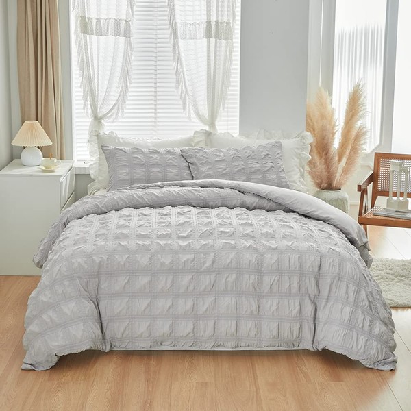 RSNIRCH Grey Seersucker Duvet Cover Double Grid Luxury Bedding Set Classic Soft Puckering Reversible Quilt Cover with 2 Pillow Cases
