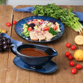 Vicrays Gravy Boat with Saucer - Large 17oz Ceramic Sauce Boat with Tray Set of 2 for Turkey Salad Dressings Creamer Milk Broth - Thanksgiving Christmas Holiday Serving Dishes - Blue