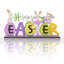 iwiio Easter Table Decorations, Happy Easter Wooden Sign, Easter Table Centerpiece, Bunny & Egg Tabletop Easter Figuring Decoration, Easter Ornaments for The Home Office