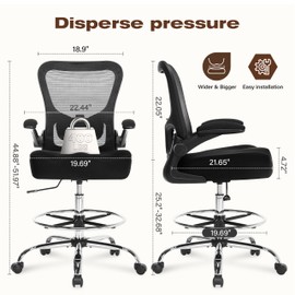 400LBS Drafting Chair, Executive Tall Office Chair with Adjustable Lumbar Support Foot Ring, Comfy W-Shape Thicken Cushion Mesh Computer Chair, Task Chair Padded Flip-up Armrest for Home Office,Black