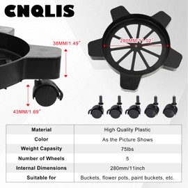 CNQLIS 5 Gallon Bucket Dolly with 5 Smooth-Rolling Swivel Casters,75 lbs,No Tip or Spilling for 5 Gallon Bucket and Flowerpot,11" Inside Diameter，Black(Brake Style)