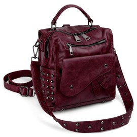 UTO Women Studded Backpack Purse PU Leather Convertible Ladies Rucksack Zipper Pocket Crossbody Shoulder Bag A Wine Red