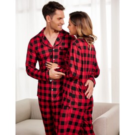 Ekouaer Christmas Family Matching Pajamas Long Sleeve Button Down Pj Set Festival Party Sleepwear,Red Black Plaid,Women,M