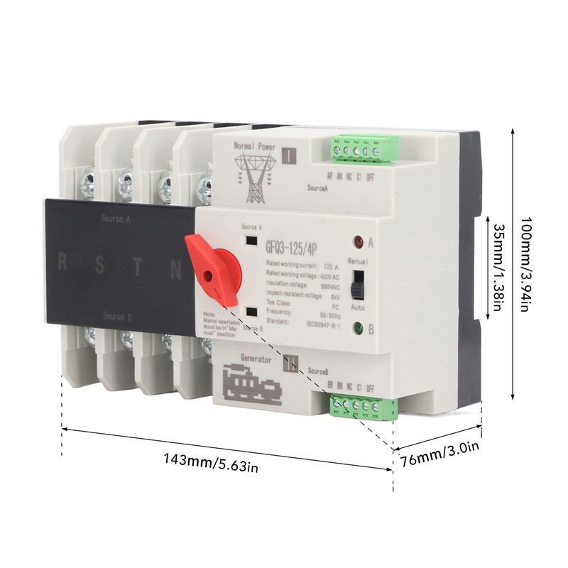 4P Automatic Transfer Switch 35mm Rail Mount Dual Power Generator