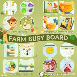 Almaxi Busy Board German Montessori from 2 Years, 10 in 1 Montessori Toy Activity Board Motor Skills Toy & Educational Toy for 2 3 4 5 Years, Farm Busy Book Toddler Toy for Long Rides