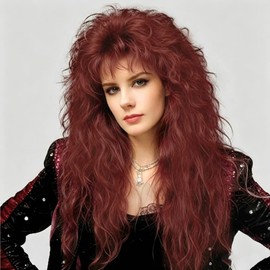 Red Long Curly Wigs for Women 80s Rocker Punk Wig with Bangs 70s Vintage Hair Wig for Cosplay Costume Halloween Party Use(Wine Red)