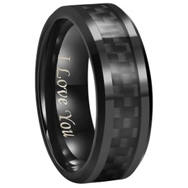 6mm 8mm 10mm Black Carbon Fiber Black Tungsten Carbide Wedding Band Ring Engraved I Love You Men Women (8mm,9.5)