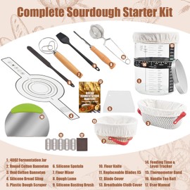 Foedo Sourdough Starter Kit, Sourdough Bread Baking Supplies with with 40oz Jar, 10" & 11" Cotton Banneton Proofing Baskets Set - Artisan Bread Tools, Silicone Sling for Homemade Sourdough Baking