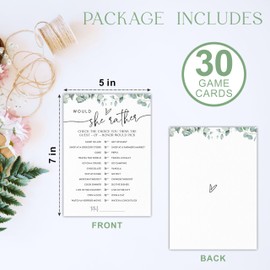 Ebned Would She Rather Bridal Shower Game - Greenery Eucalyptus - 30 Pcs Double-Sided Fill-in Wedding Game Cards for Newlyweds, Engagement Party Activities & Decorations -B01