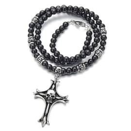 COOLSTEELANDBEYOND Gothic Style Mens Black Onyx Beads Necklace with Stainless Steel Cross Skulls
