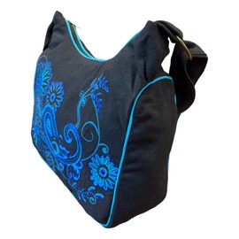 Macha Cotton Shoulder Bag Unique Tapestry Floral Embroidery Hobo Shoulder Bag Hippie Bag Boho Bag, blue