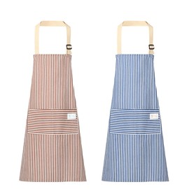 Dewocke 2 Pack Adjustable Kitchen Aprons, Cotton Linen Cooking Aprons with Pockets, Striped Apron Women for Cooking, Baking, Painting, Housework - Blue and Brown, Brown, Blue