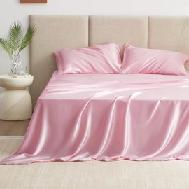 Love's cabin Twin Satin Sheets Sets - 3 Piece Pink Silky Satin Bed Sheets Twin with Deep Pockets, Luxury Silk Feel Satin Twin Size Sheet Set Bedding Set (1 Flat Sheet,1 Fitted Sheet,1 Pillow case)