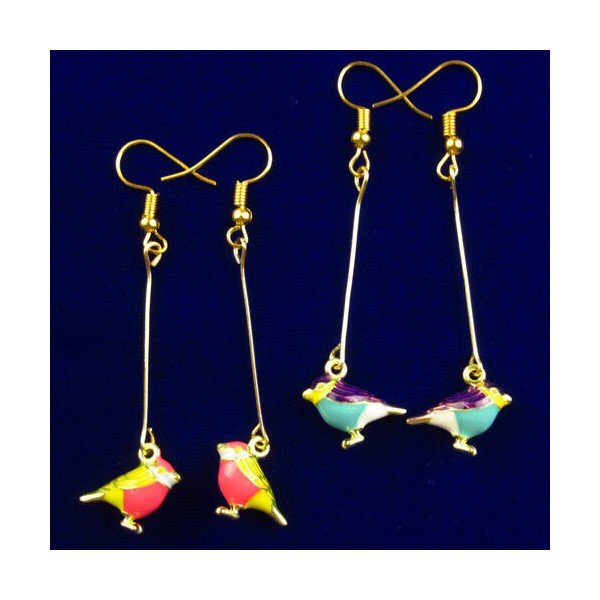 2Pair Rainbow Enamel Tibetan Golden Bird Pendant Bead Earrings