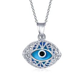 Bling Jewelry Turkish Protection Vintage Style Blue Filigree Oval Evil Eye Charm Pendant Necklace for Women Teen Murano Glass .925 Sterling Silver Made in Turkey