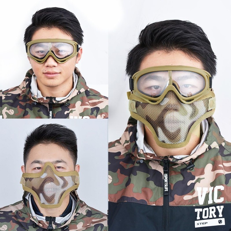 Fansport Airsoft Mask and Goggles Set, Tactical Half Face Mesh