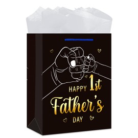GMEMNOV Happy 1st Fathers Day Gift Bag - 13" Large Fathers Day Gift Bag with Tissue Paper First Father's Day Paper Bags for New Dad First Time Dad
