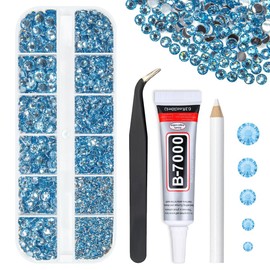 qiipii Light Blue Crystal Resin Rhinestones w B7000 Jewelry Glue for Bedazzling Crafting 2mm 3mm 4mm 5mm 6mm Sky Blue Flatback Stones Diamonds Crystals Gems Charms for Nails Face Makeup Tumbler Crafts