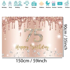 75th Birthday Decorations 75th Birthday Party Backdrop Banner for Women 75 Years Old Fabric Sign Poster, Rose Pink Photography Background 75th Birthday Table Decoration, 150x90cm