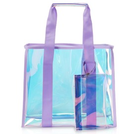 PRITOK Gorgeous Iridescent Clear Tote Bag Waterproof Sandproof Beach Bag with Zippered Pockets, Clear Bag Stadium Approved, See-through Backpack for Library, Stadium, Airport, Beach