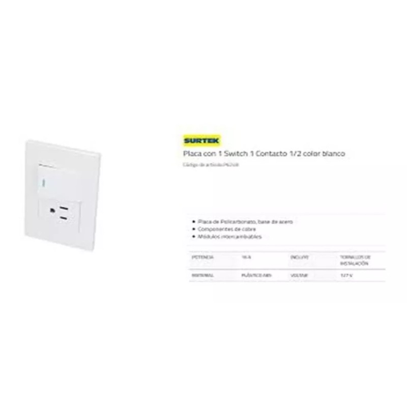 Surtek Placa Con 1 Switch 1 Contacto 1/2 Color Blanco