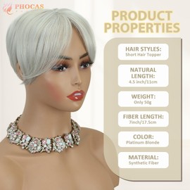 PHOCAS Short Hair Topper Wiglets Hairpieces for Thinning Hair Toppers With Bangs, Heat Resistance Synthetic Platinum Blonde Magic Pixie Topper for Women All-Day Wear