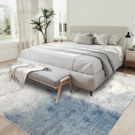 famibay Machine Washable Area Rugs 8x10 Rugs for Living Room Low Pile Neutral Area Rug Large Dining Room Rugs for Under Table Rubber Back Abstract Carpet Rugs for Living Room Under Bed(Blue/Grey)