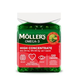 Moller's High Concentrate Omega-3 Premium Fish Oil High Dose up to 3360 mg EPA + DHA per Daily Dose in Triglyceride Form for Brain, Vision, Heart, Blood Pressure 120 Soft Capsules