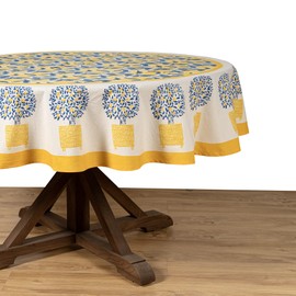 Couleur Nature Round Tablecloth, Lemon Tree, Yellow Blue, 70 Inches