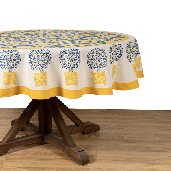 Couleur Nature Round Tablecloth, Lemon Tree, Yellow Blue, 70 Inches