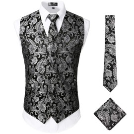 ZEROYAA Mens Classic 3pc Jacquard Paisley Vest Set Necktie Pocket Square Waistcoat for Suit or Tuxedo ZLSV08 Black Silver Large