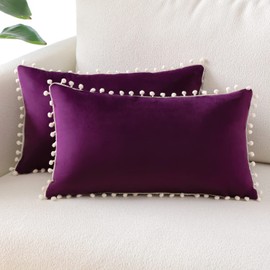 Sungeek Pack of 2 Decorative Cushion Covers Soft Velvet Pompoms Pillow Covers with Invisible Zipper Home Decor Throw Pillow Cases for Sofa Bedroom Living Room 30x50cm Eggplant Purple