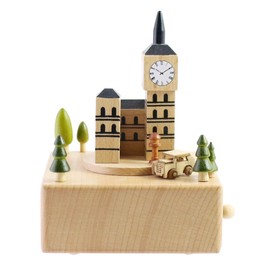Cute Quality Made Wooden Musical Box Featuring London Big Ben With Small, Moving Magnetic Car | Plays "Castle in The Sky" Song