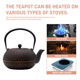 YJX 60.9oz Large Cast Iron Teapot for Stovetop Safe, 6 Cup Tea Kettle, Japanese Tetsubin, Teapot with Stainless Steel Infuser for Loose Tea, Tea Pot Enameled Interior (1.7QT/1.8L)