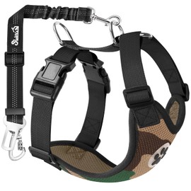 SlowTon Dog Seat Belt Harness for Car, Dog Car Harness Adjustable Mesh Breathable & Dog Seatbelt Safety Tether with Elastic Bungee for Small Medium Large Pets(Camouflage, Double Clip, L)