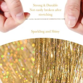 Hair Tinsel 8 Packs 1600 Strands 50 Inch Tinsel Hair Extensions Gold Heat Resistant Glitter Sparkling Shinny Fairy Hair Accessories for Women(Gold, 50