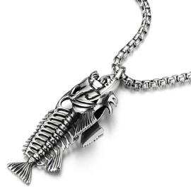 COOLSTEELANDBEYOND Extra Large Mens Fish Skeleton Bone Pendant Necklace Steel Gothic Style, 30 inches Wheat Chain